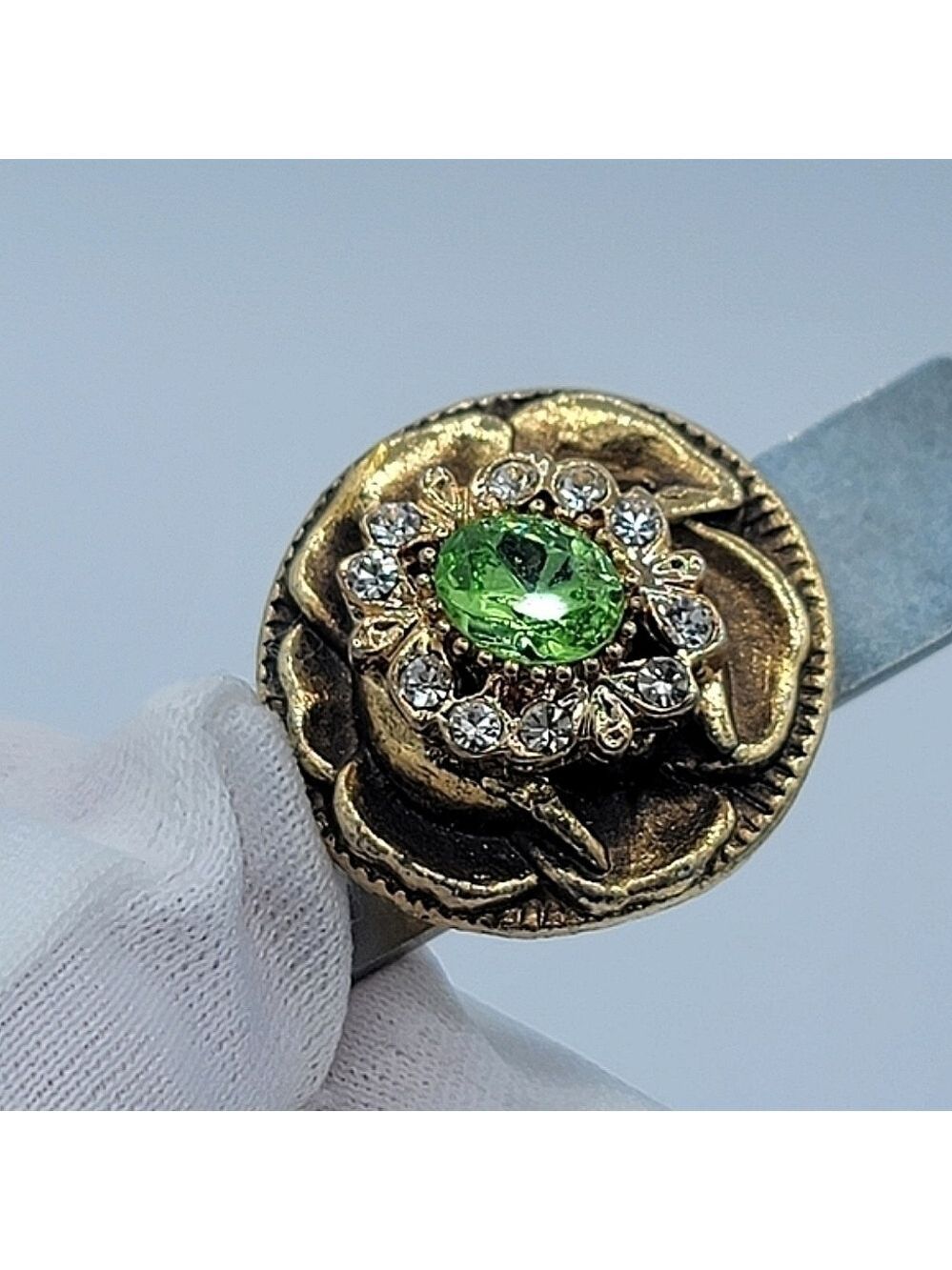 Vintage Button Brooch Goldtone Green Crystal Magnet #665